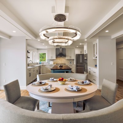 view from dining table into kitchen