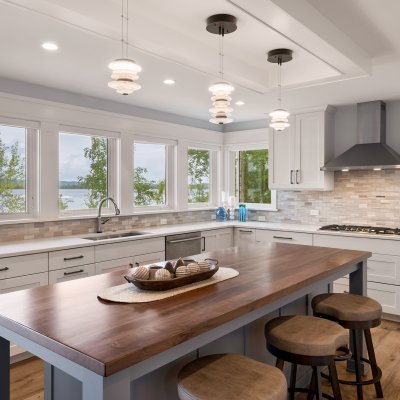 kitchen with lake views over sink 