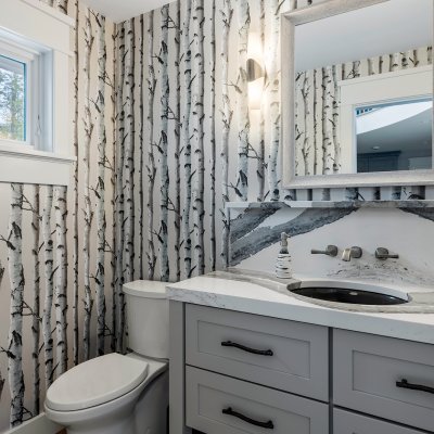 Powder room with birch wallpaper